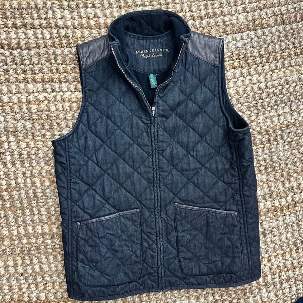 Ralph Lauren Quilted Denim Vest in Dark Blue with Brown Shoulder Patch - Picture 3 of 6